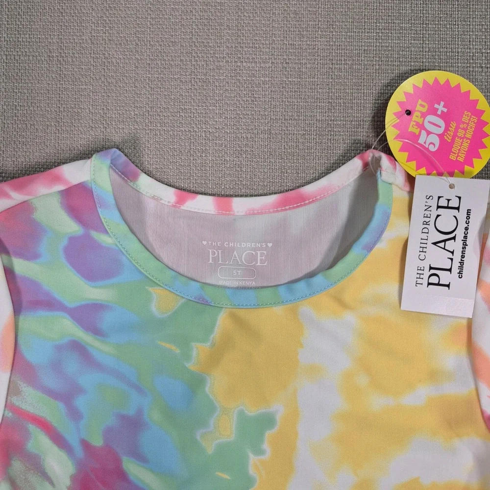 The Childrens Place Girls Tie Dye Peplum Rash Guard Swimsuit Set Pink 5T NEW